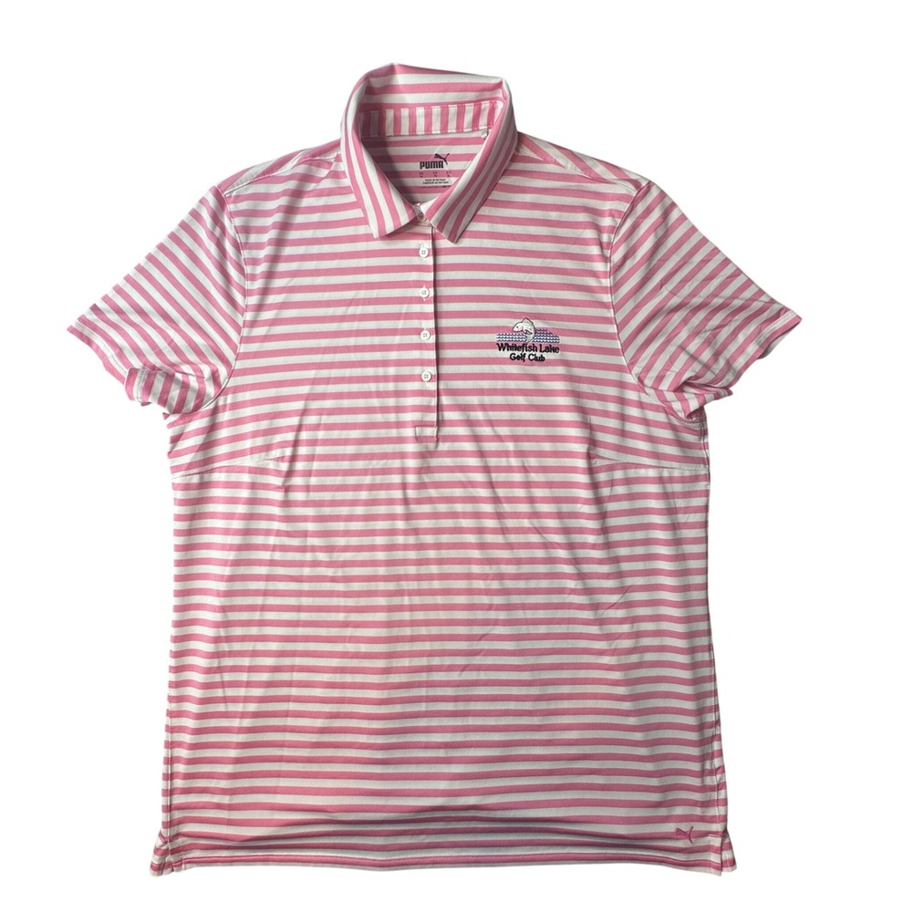 Puma Polo Shirt Women XL Pink White Striped Whitefish Lake Golf Club Performance